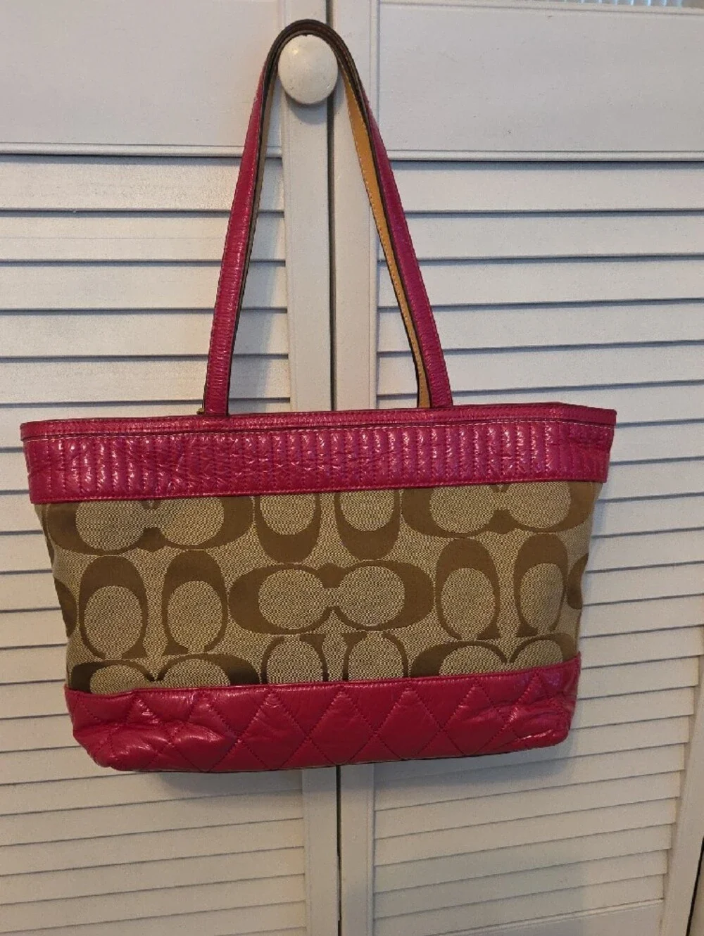 Coach Signature Canvas Tote with Pink Trim and Gold Hardware